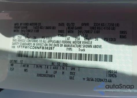 2022 Ford F-150 Xl from USA, damaged, VIN 1FTFW1CD8NFB38287